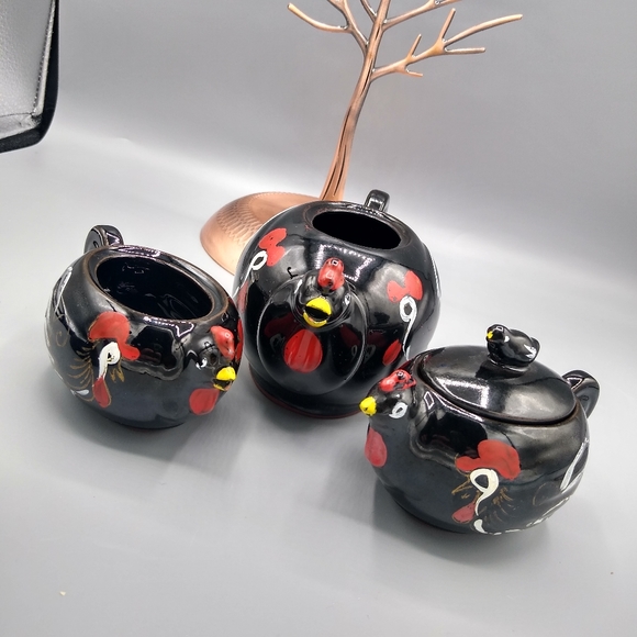 Stacking Redware Chicken Teapot Set Cream Sugar - Picture 14 of 16